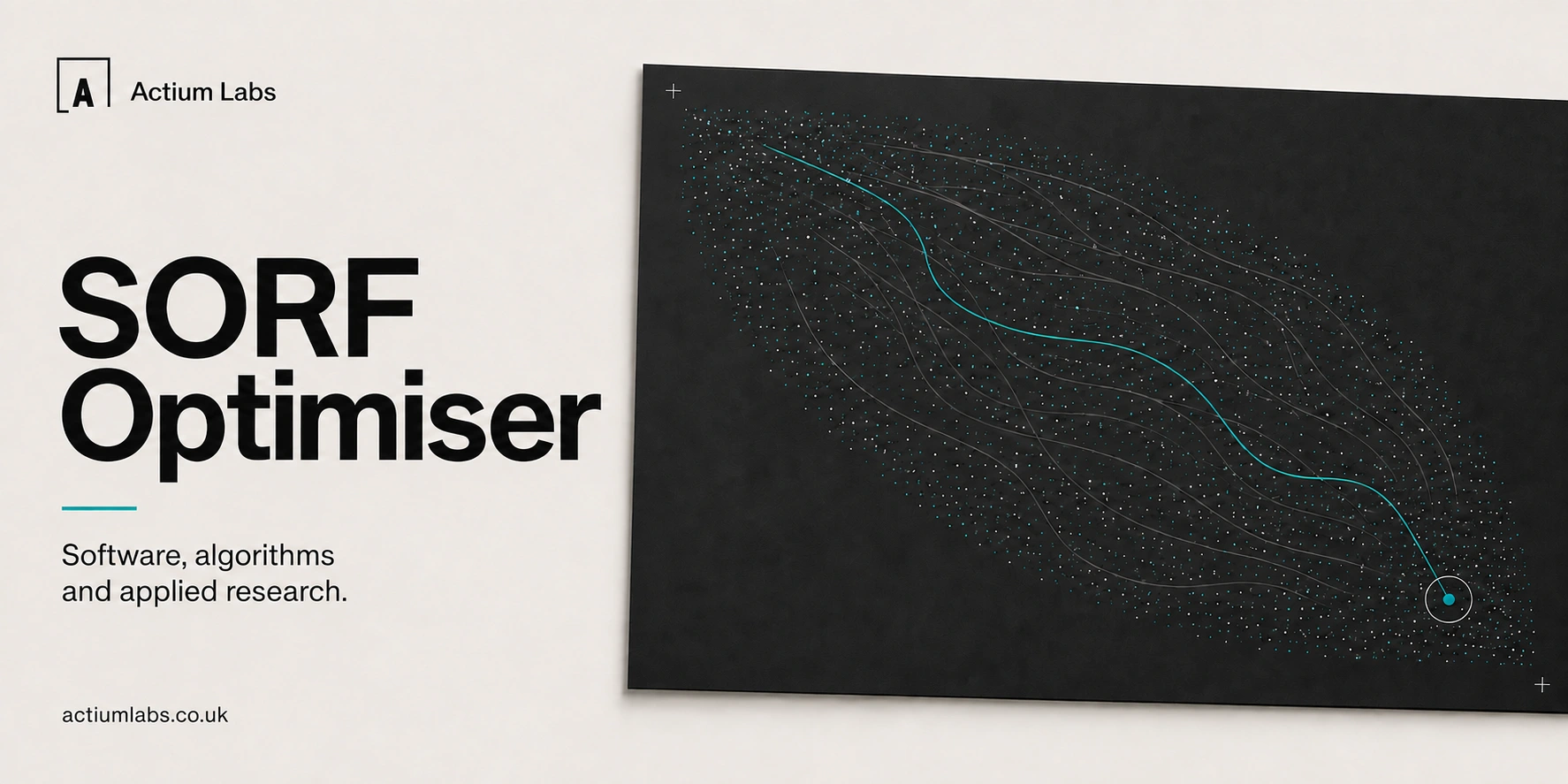 SORF Optimiser by Actium Labs. Software, algorithms and applied research. A conceptual search graphic with candidate points and a teal route.